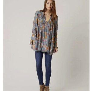 Free People Pebble Crepe Floral Boho Top | Blue Brown | Size Small